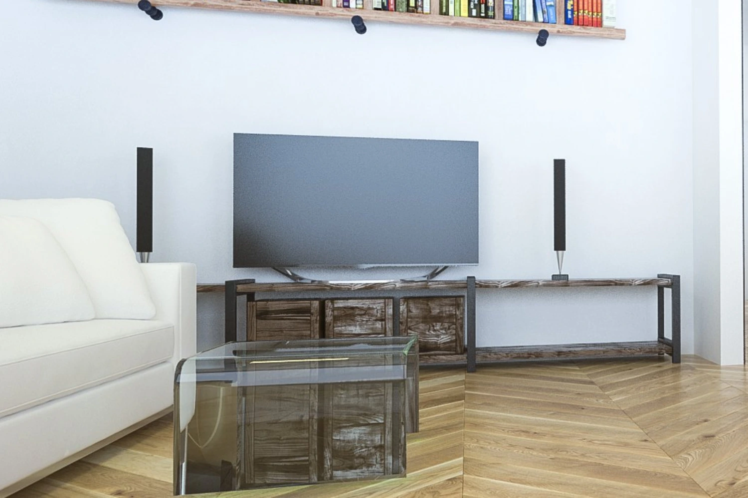 Nowoczesny salon z podłogą w jodełkę